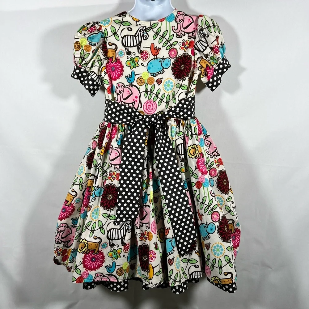 Dress Girls Size 5 Jungle Cotton Print Black White Polka Dots 90” Full Skirt